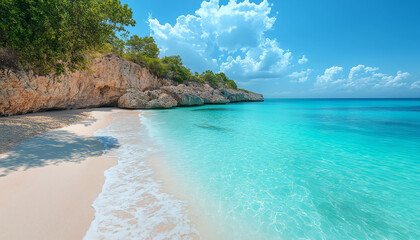 Fototapeta premium Tropical beach scene with turquoise water, sandy shore, and rocky cliffs under a bright blue sky
