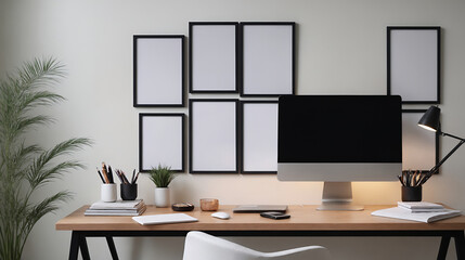 A study or a small office room interior design with decoratives, accessories and poster frame mock-up on the wall 3d illustration.