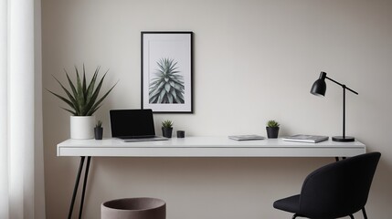 A study or a small office room interior design with decoratives, accessories and poster frame mock-up on the wall 3d illustration.