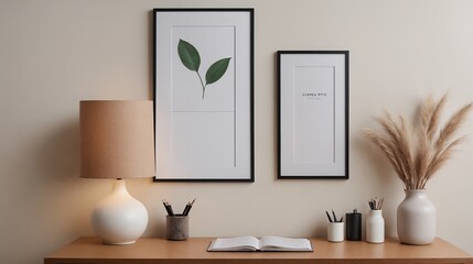 A study room interior design with decoratives, accessories and poster frame mock-up on the wall 3d illustration.