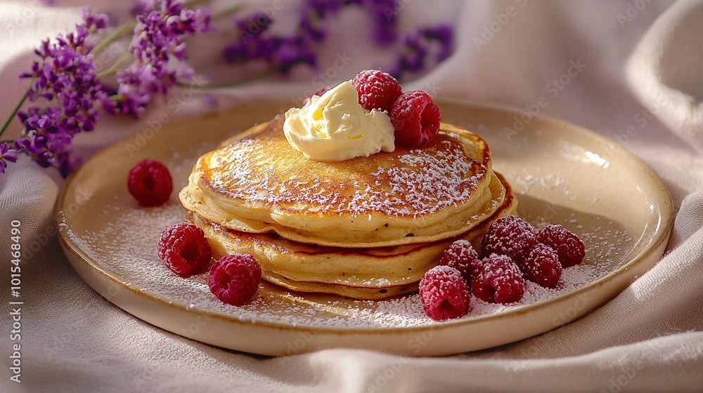 Canvas Prints   A plate topped with pancakes dusted with powdered sugar, garnished with raspberries and a dollop of whipped cream