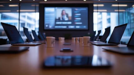 A diverse group of team members participates in a hybrid meeting, actively discussing projects while laptops and coffee cups are spread across a large conference table