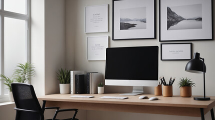 A study or a small office room interior design with decoratives, accessories and poster frame mock-up on the wall 3d illustration.