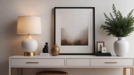 A living room interior design with decoratives, accessories and poster frame mock-up on the wall 3d illustration.