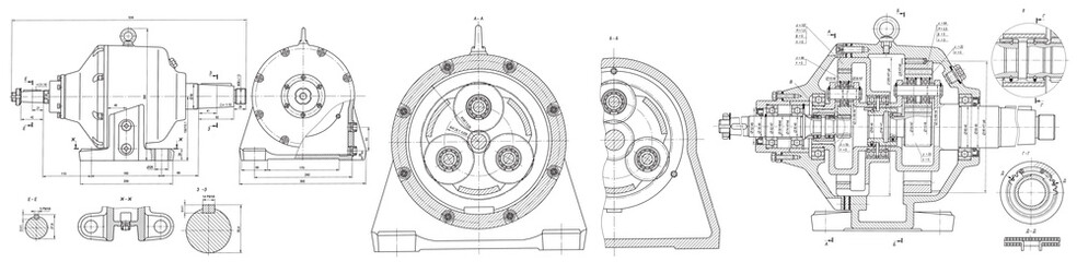 Engineering mechanical pencil drawing of steel devices
(reducer, gearbox, engine)
with dimension lines. Industrial 
cad scheme on white paper sheet. Technology background
of machine building industry.
