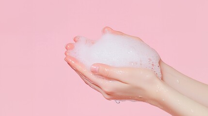 Fototapeta premium Close-up of hands holding white soapy foam with water dripping from the hand over pink background.
