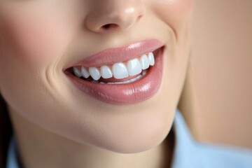 Bright White Smile Close-Up on Woman's Mouth in Light Blue Shirt Against Soft Brown Background Showcasing Dental Health and Confidence