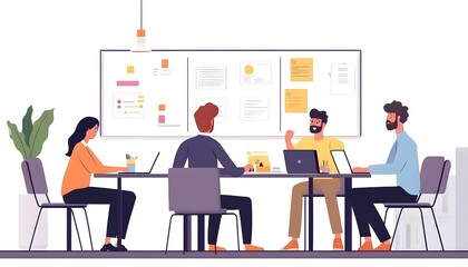 Four colleagues collaborate around a table in an office setting