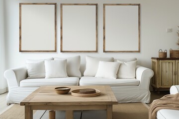 Modern living room interior design with white sofa, wooden coffee table. Wooden floor, white wall create harmonious atmosphere. Wooden cabinet with mirror, woven basket on floor add rustic touch.