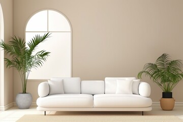 Serene living room with white sofa, pillows, potted plants. Beige carpet, gray rug, white curtains create cozy atmosphere. Balanced, harmonious interior design with modern furniture, decor.