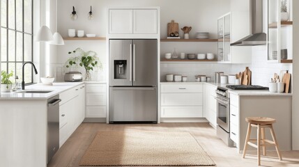 A modern kitchen with white cabinetry, stainless steel appliances, a sink, a stove, a dishwasher, and an island with a stool. The floor is light wood with a rug.