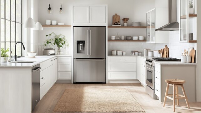 A modern kitchen with white cabinetry, stainless steel appliances, a sink, a stove, a dishwasher, and an island with a stool. The floor is light wood with a rug.