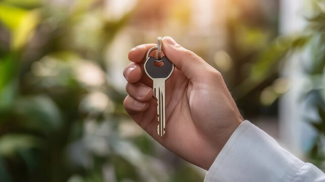 Close-up of Realtor's Hand Holding Key Signifying Successful Rental Agreement with New Tenant Home Buying and Real Estate Concepts for Property Success