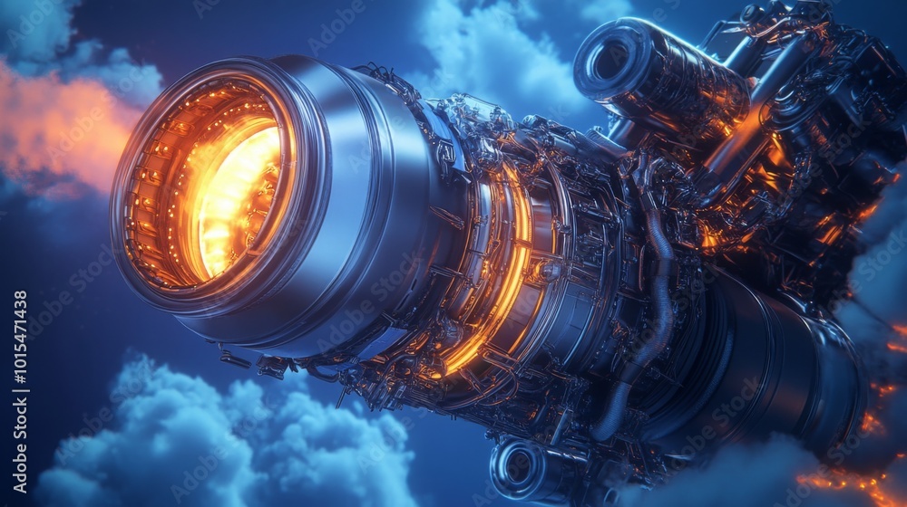 Poster a rocket engine glows intensely as it ignites, surrounded by swirling clouds