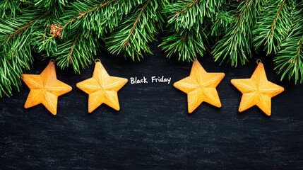 Black friday sale and christmas decorations on surface or table