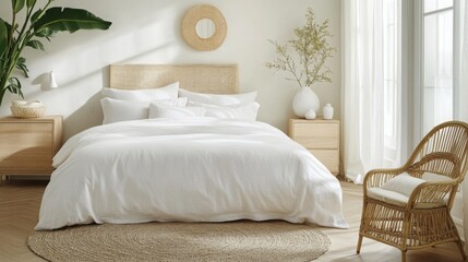 A white bed with a woven headboard is made with crisp white linens and topped with several pillows. A small wooden nightstand sits next to the bed and holds a white vase with dried branches