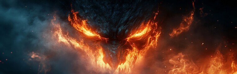 Fierce fire demon engulfed in flames with glowing eyes in dark realm