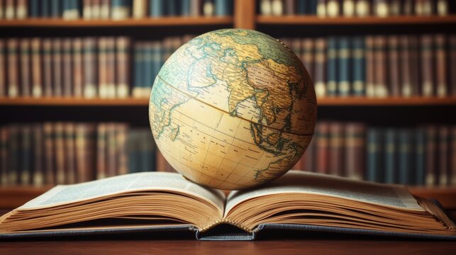 Vintage globe resting on an open book surrounded by library shelves symbolizing education exploration history and geography in a retro style