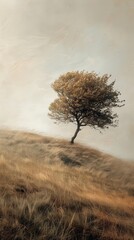 A lone tree standing strong on a windswept hill, resilient and inspiring, Nature, Soft tones, Photograph, Natures strength