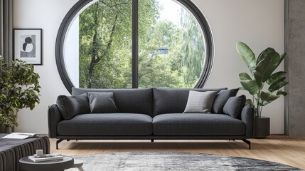 Cozy living room featuring a stylish grey sofa beside a charming round window perfect for relaxation and elegant home decor inspiration in a serene setting