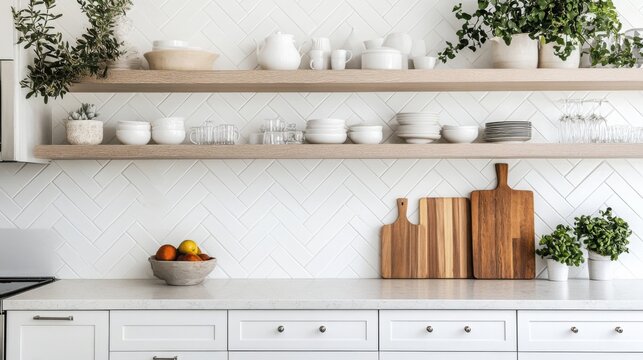 A kitchen with white cabinets and a herringbone tile backsplash. Two wooden shelves are installed on the wall. On the shelves are various dishes, glasses, and plants