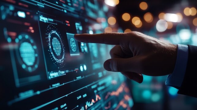 Business executive analyzing AI learning algorithms and data-driven insights for innovative decision-making and strategic growth in digital technology