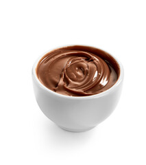 Bowl of sweet melted chocolate on white background