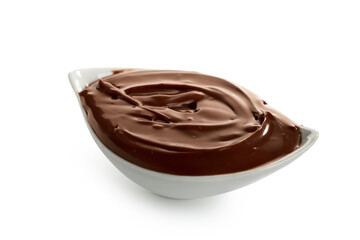Bowl of tasty melted chocolate on white background