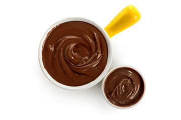 Bowls of sweet melted chocolate on white background