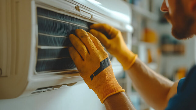 Technician performing air conditioner maintenance by cleaning the filter.