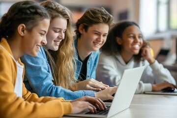 Group of teenage students collaborate on laptop during computer class. Students sit around table with laptops open, focused on project. Casual attire, colorful clothing, gray background.
