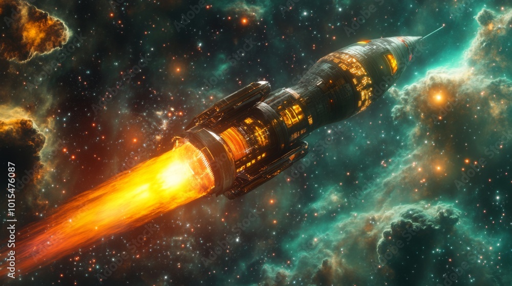 Fototapete A futuristic spaceship is shown in flight, with a powerful engine firing and creating a large plume of orange fire behind it