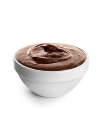 Bowl with tasty melted chocolate on white background