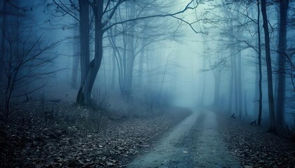 Obraz premium Foggy forest path leading into the unknown, mysterious and intriguing, Nature, Cool tones, Photograph, Enigmatic journey