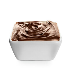 Bowl of delicious melted chocolate on white background
