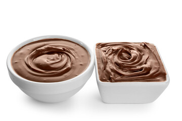 Different bowls of tasty melted chocolate on white background