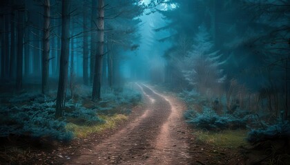 Obraz premium Foggy forest path leading into the unknown, mysterious and intriguing, Nature, Cool tones, Photograph, Enigmatic journey