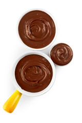 Different bowls of tasty melted chocolate on white background