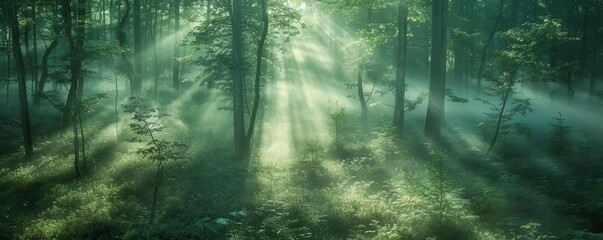 Fototapeta premium Gentle mist rising from a forest floor, ethereal and quiet, Nature, Soft greens, Photograph, Mystical morning