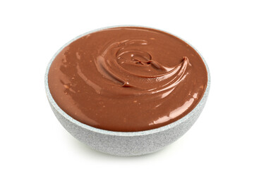 Bowl of tasty melted chocolate on white background