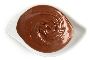Bowl of tasty melted chocolate on white background