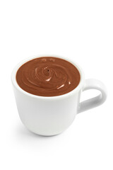 Cup of tasty melted chocolate on white background