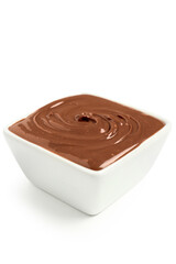 Bowl of tasty melted chocolate on white background