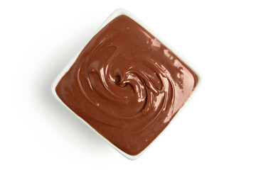 Bowl of tasty melted chocolate on white background