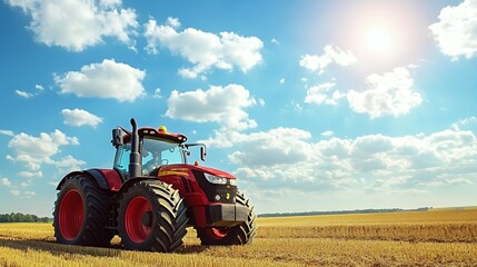 Fototapeta premium Red tractor in a field of wheat stubble, with a blue sky and white clouds overhead.