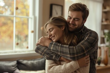Obraz premium Man and woman hugging in a home setting. Autumn day with natural light through window. Warm, intimate moment between couple. Man in black, gray plaid shirt, woman in beige sweater.