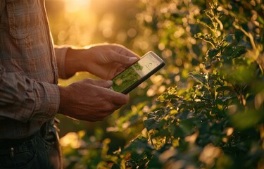 Farmer using digital tablet in green field at sunrise to monitor crop growth and data analytics, showcasing modern agricultural technology and sustainable farming practices in natural outdoor setting
