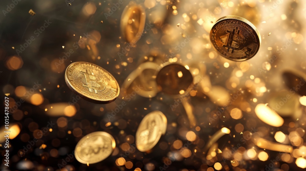 Poster a dynamic image of golden bitcoins suspended in midair against a blurred bokeh background. the scatt