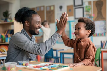 African American teacher, young boy give high-five in art class at kindergarten. Teacher in gray...