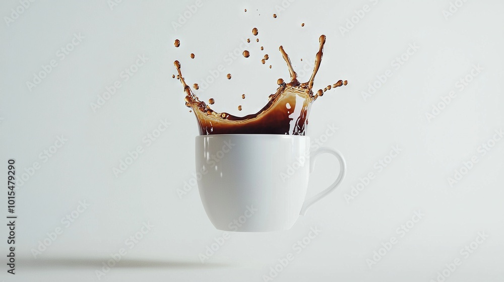 Poster  A white cup with liquid sits atop a white table beside a black-and-white cup pouring out its contents